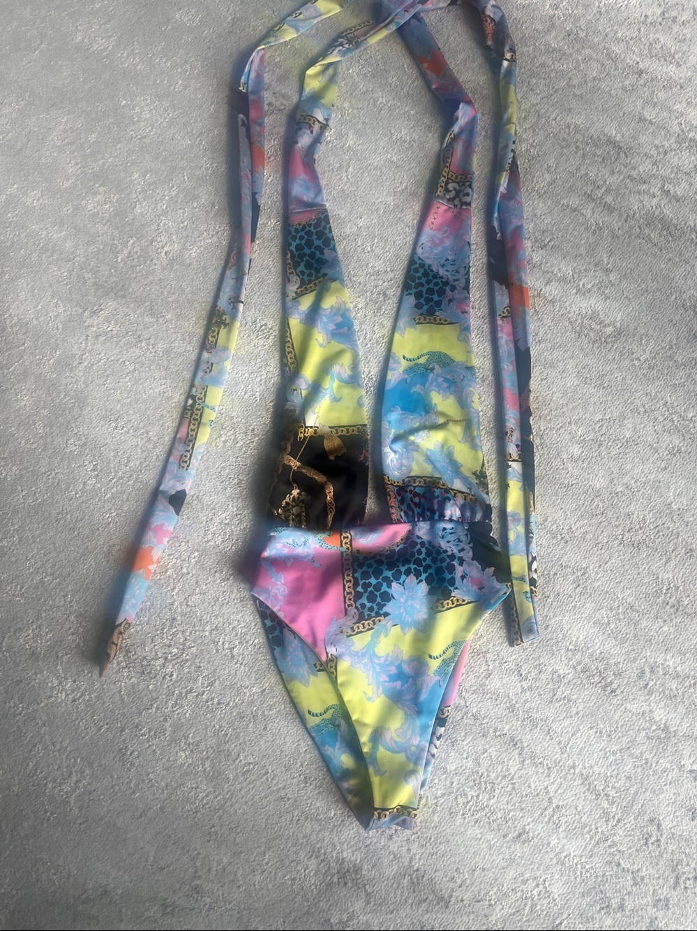 Pretty Young Thing One Piece Swim Suit Versace-esque Low Cut Attached Belt/Tie